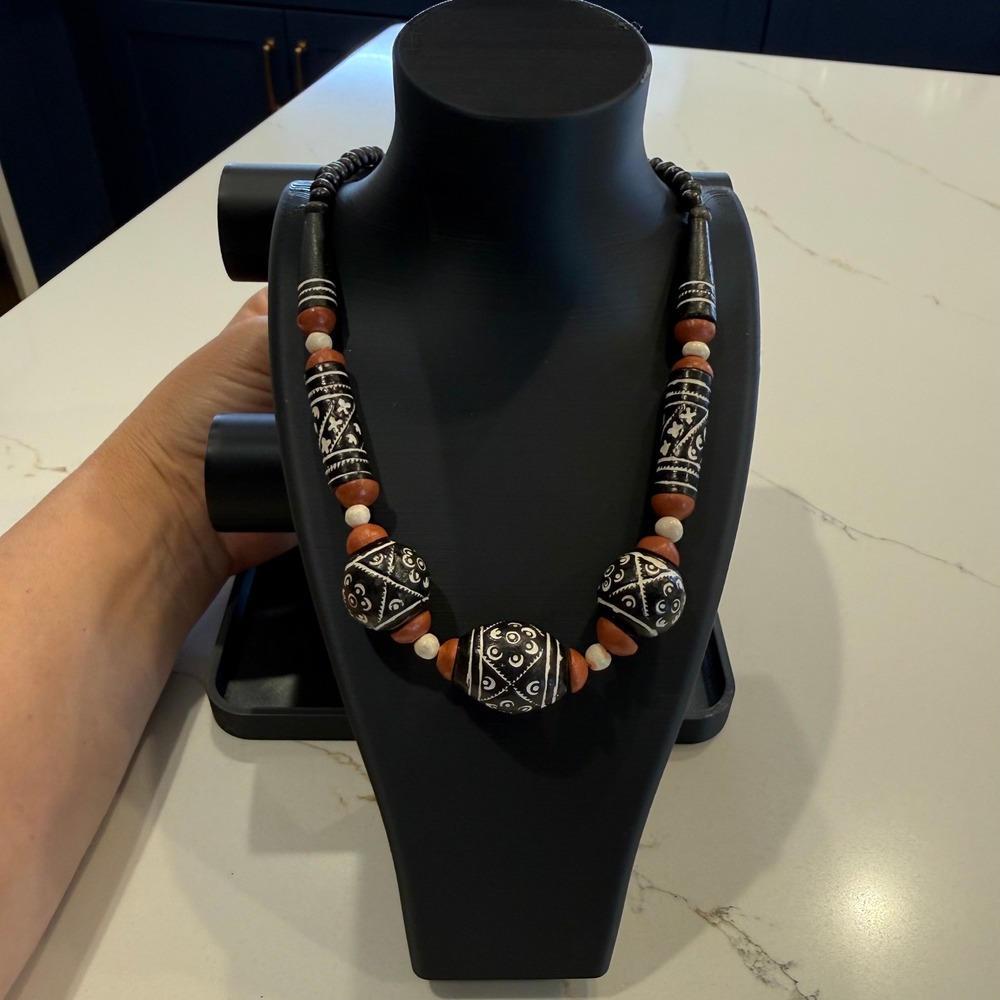 Artisan Statement Black Terracotta Carved Look Bead Necklace Eclectic 18"